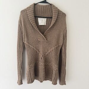 Y2K Old Navy Womens Cable Knit Sweater Size S Brown Ribbed Shawl Collar Preppy